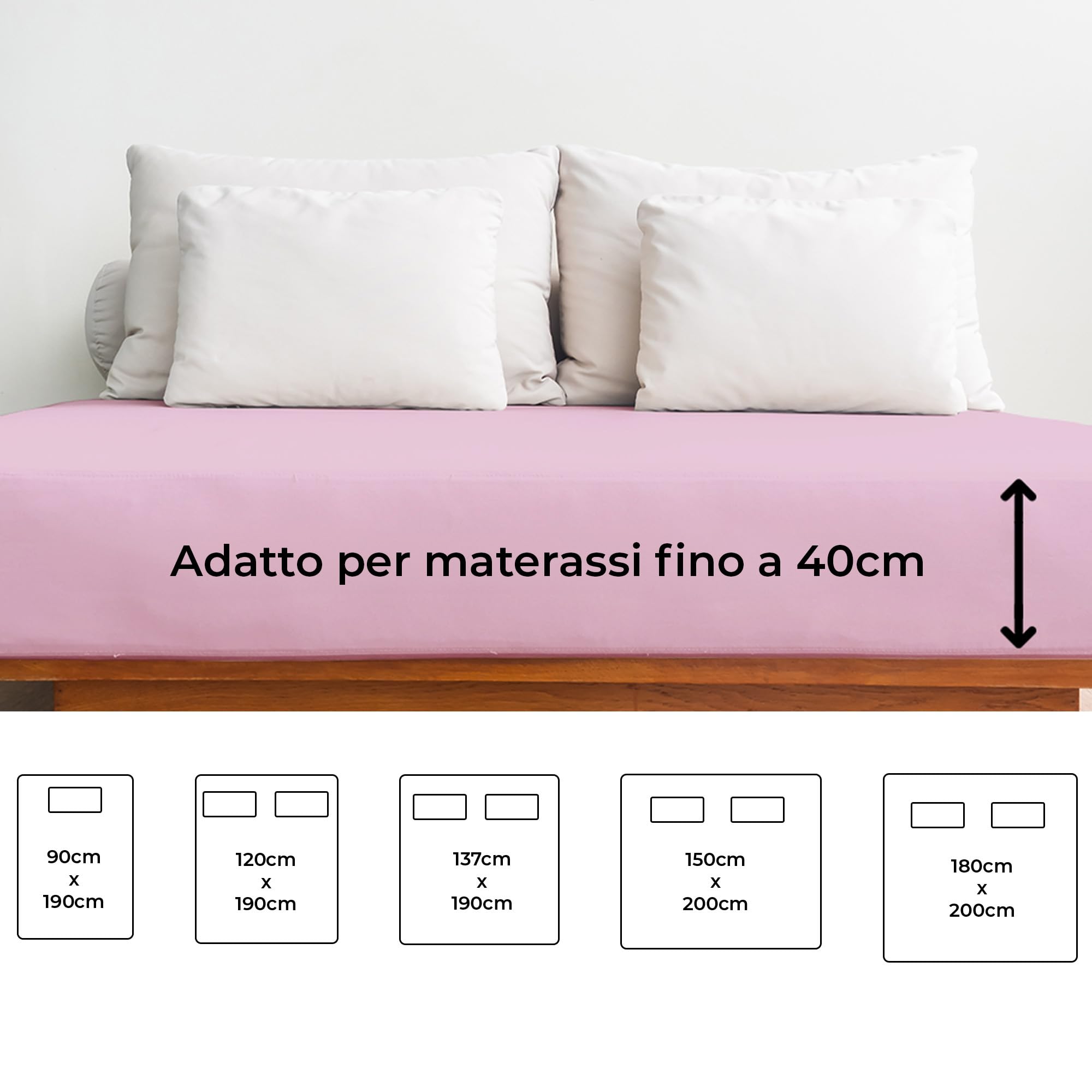 Lenzuolo con angoli 180x200 Rosa chiaro 40 cm profondità - Lussuoso lenzuolo - Per letti a molle - Per materassi fino a 40 cm di altezza - Morbido, senza pieghe e traspirante - Confezione singola