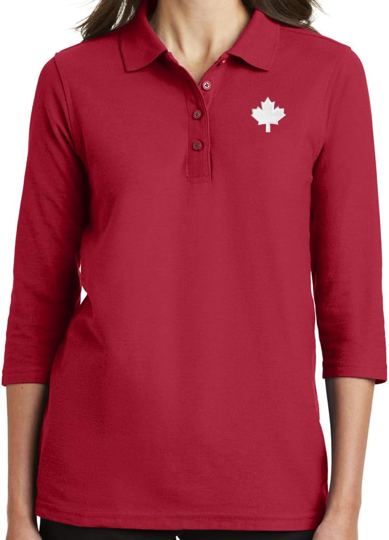 Womens Canada Maple Leaf Patch 3/4 Sleeve Polo Shirt