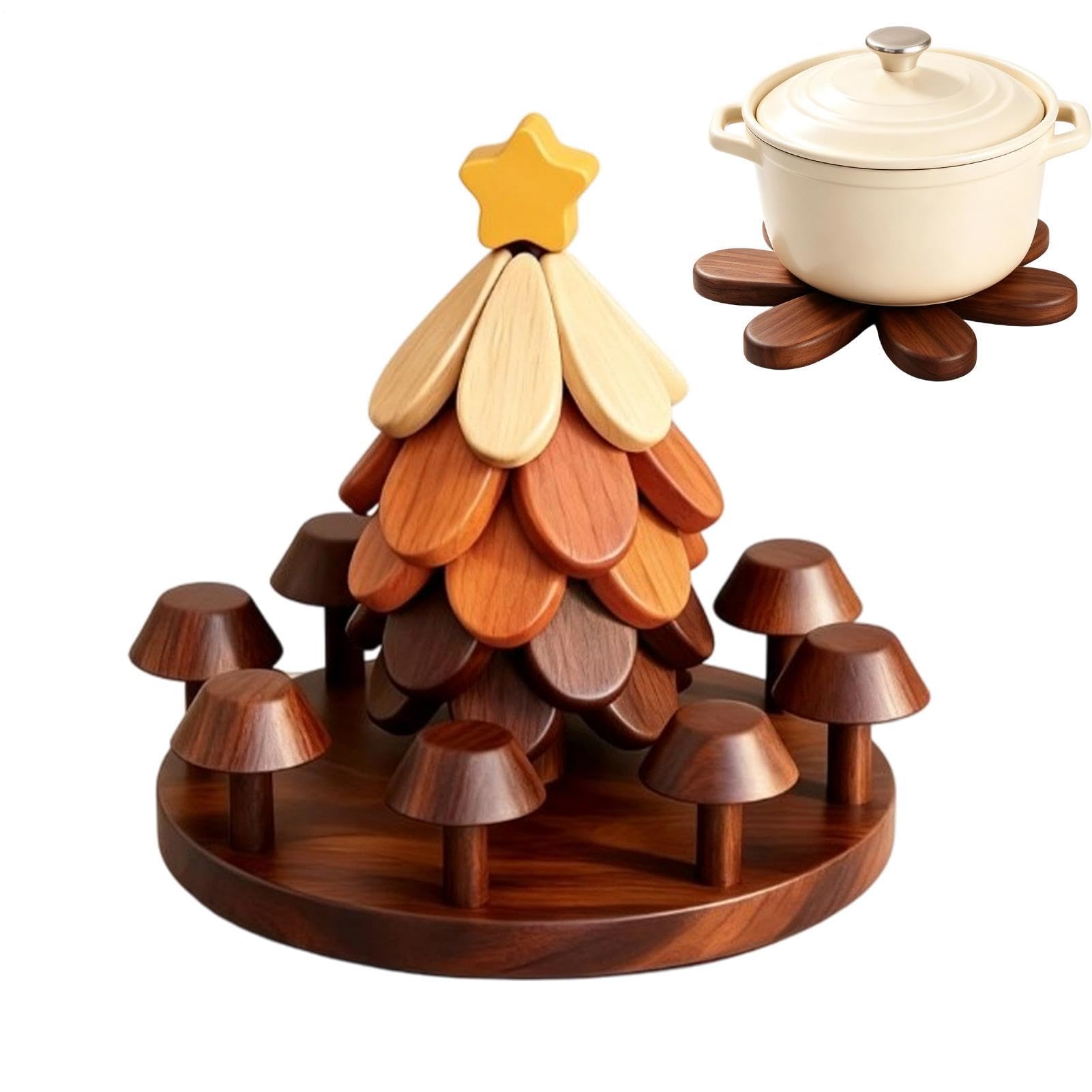 Set di Sottopentole in Legno ad Albero Sottobicchieri Natalizi Pieghevoli