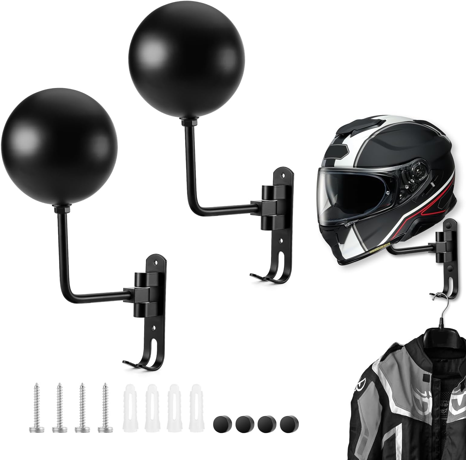 Motorcycle Helmet Holder (2 Pack) Wall Mount, Helmet Hanger 180° Rotation Helmet Rack with Double Hook for Football Helmet, Bicycle Helmet, Hat, Cap, Sportswear, Motorcycle Accessories