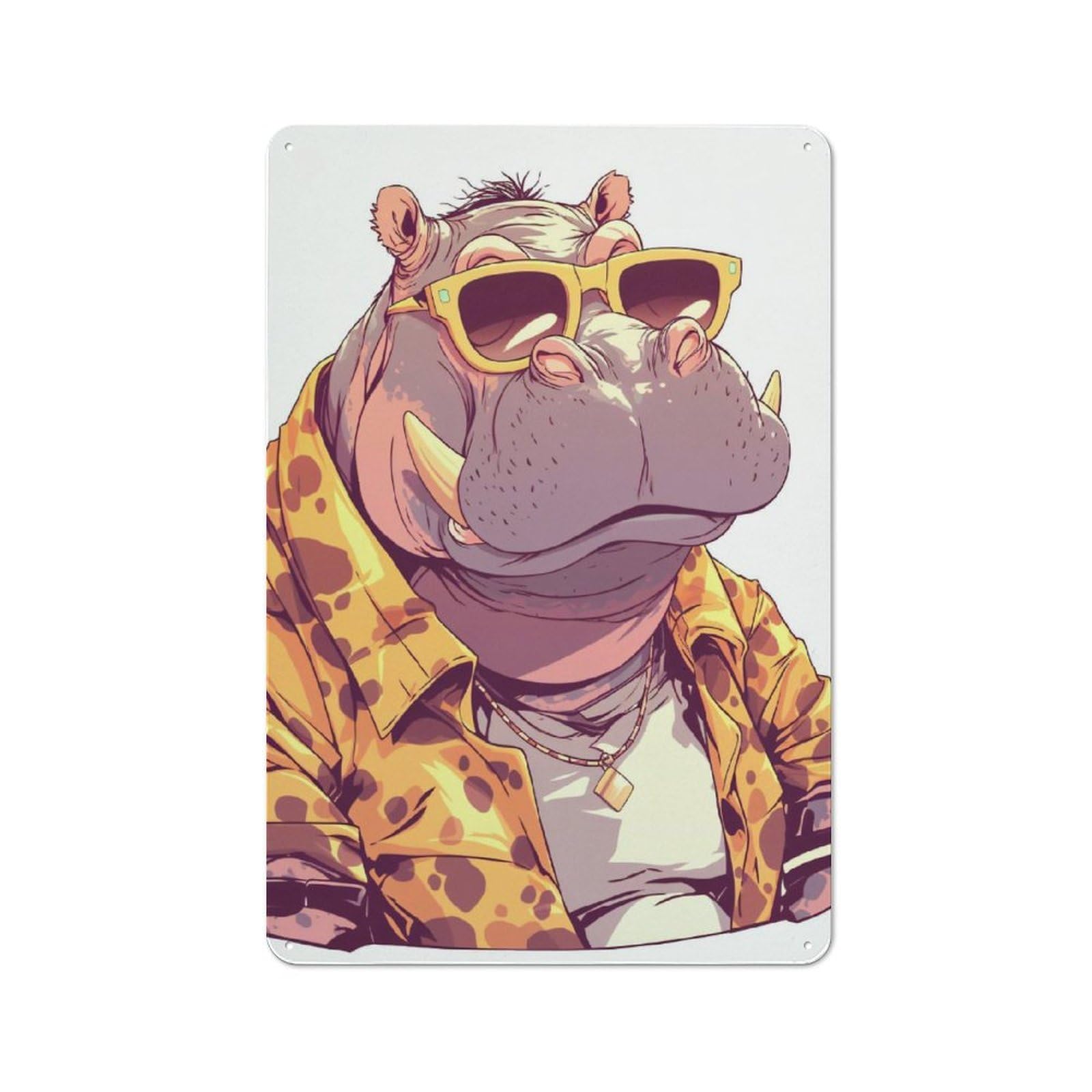 Junmoney Style-24 Vintage Metal Sign 30X20cm Featuring Cool Hippo With Sunglasses And Jacket, Home Bar Decor For Cafe, Pub, Workshop Or Home Bar