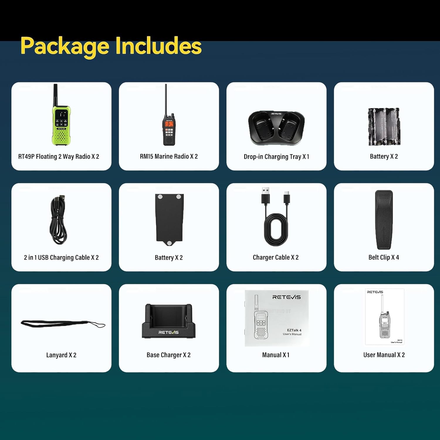 Retevis RT49P Walkie Talkies (2 Pack) Bundle with RM15 Marine Radios (2 Pack), IP68, NOAA, for Marine Use