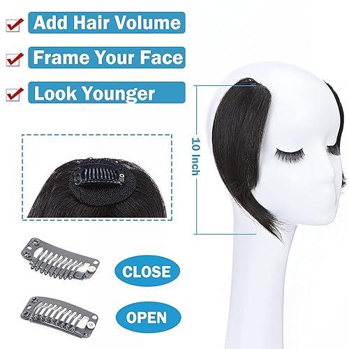 Miniatura 3 de Hairro Extensiones de flequillo lateral ondulado con clip, 100% cabello humano, 2 piezas con clip en la parte media, flequillo francés, lados