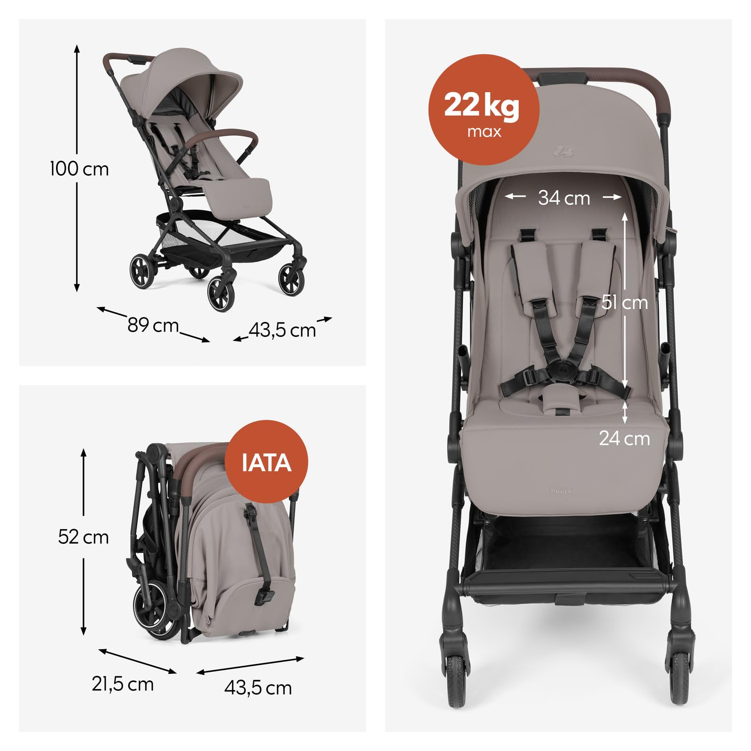 hauck Lite N Care Passeggino Ultraleggero 5,5 kg in Carbonio, Premiato German Design Award 2025 & Innovation Award 2025, Pieghevole Compatto IATA, UPF 50+, Schienale Reclinabile - Sandy Taupe | German Design Award 2026, bagaglio a mano, chiusura una mano