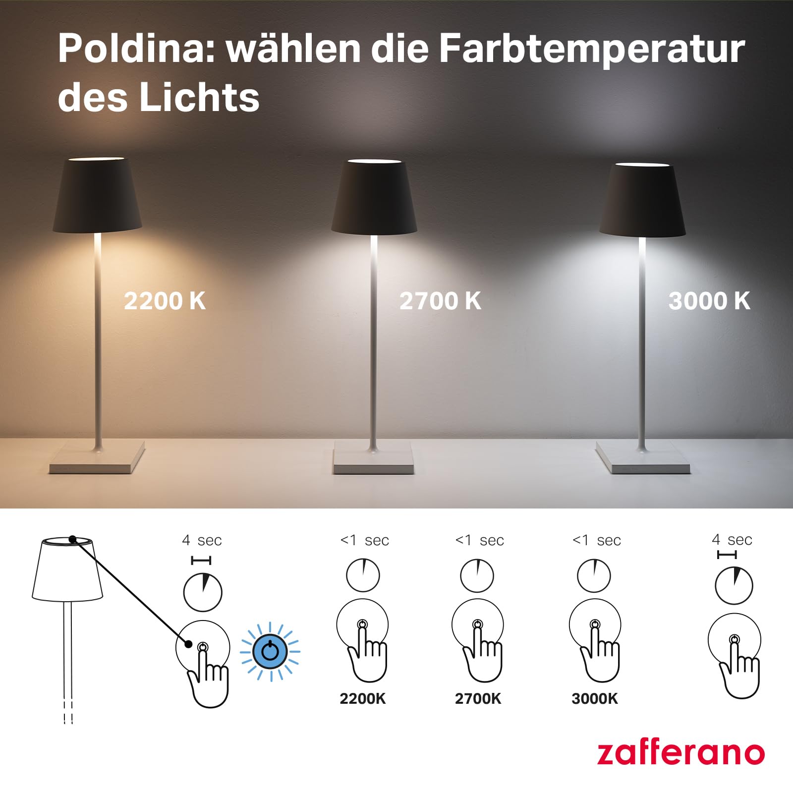 Zafferano, Poldina Pro Lampe, Kabellose, Wiederaufladbare Tischlampe mit Touch Control, Auch für den Außenbereich Geeignet, Dimmer, 2200-3000 K, Höhe 38 cm, Farbe Schwarz