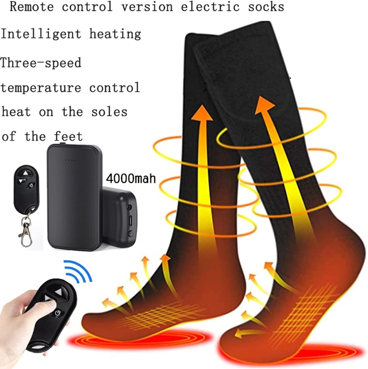 Chaussettes chauffantes avec télécommande – Coton thermique, chaleur intégrée, batterie 4000 mAh, 3 réglages de chauffage pour la chaleur hivernale