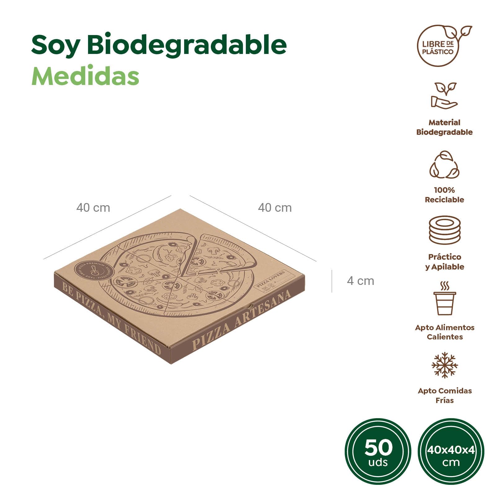 MAXI PRODUCTS - 50 Unidades - Caja para Pizza de Cartón Kraft Decorado para llevar de 26 x 26 x 3,5 cm - Caja Pizza, Take Away, Reciclable,porta pizza, Cierre Seguro, Comida para llevar - FACIL USO