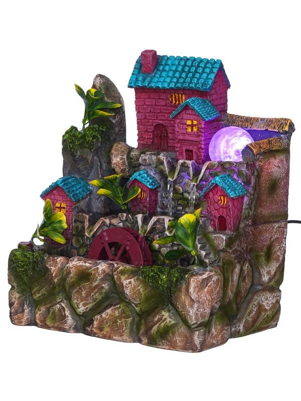 Image of Polyresin Tabletop 2 Steps Hut Style Indoor Water Fountain for Home Decor with LED, Speed Controller Pump & Crystal Ball (Size: 28 x 18 x 29 CM |Colour: Multi | Weight: 1970 Gram)
