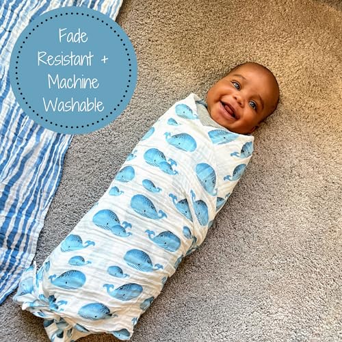 Image of LollyBanks Muslin Swaddle Blanket, 100% Muslin Cotton Swaddles for Baby Boys Breathable and Lightweight, 47 X 47 Inches Newborn Receiving Blanket for Boys, Baby Essential, Registry (Whale Print)