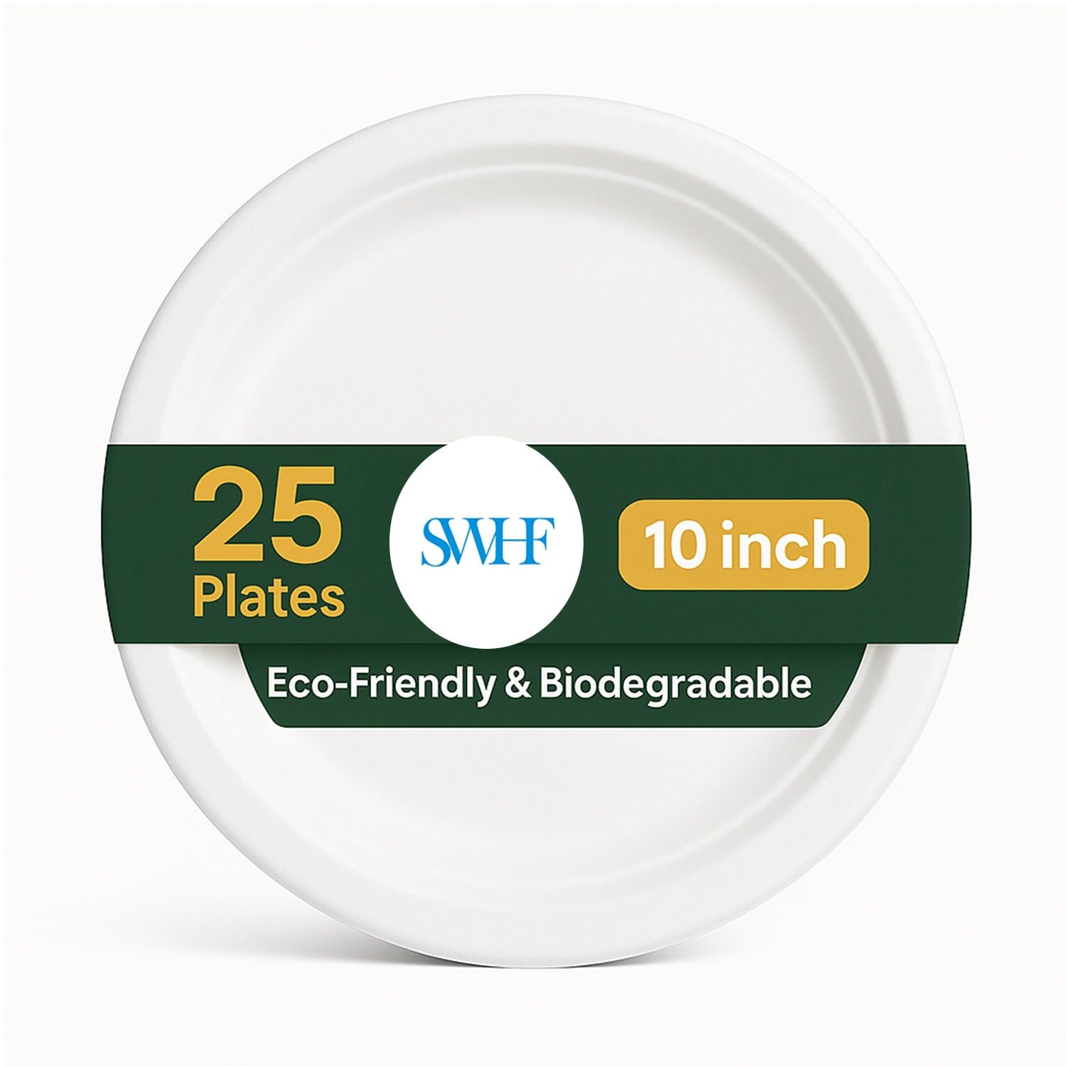 SWHF Disposable Plates 10 inch - Pack of 25, Eco-Friendly & Biodegradable, Dinner Plates for Serving Snacks, Dinner, Paper Plates for Birthday, Weddings & Parties - Disposal Plate (White, Round)