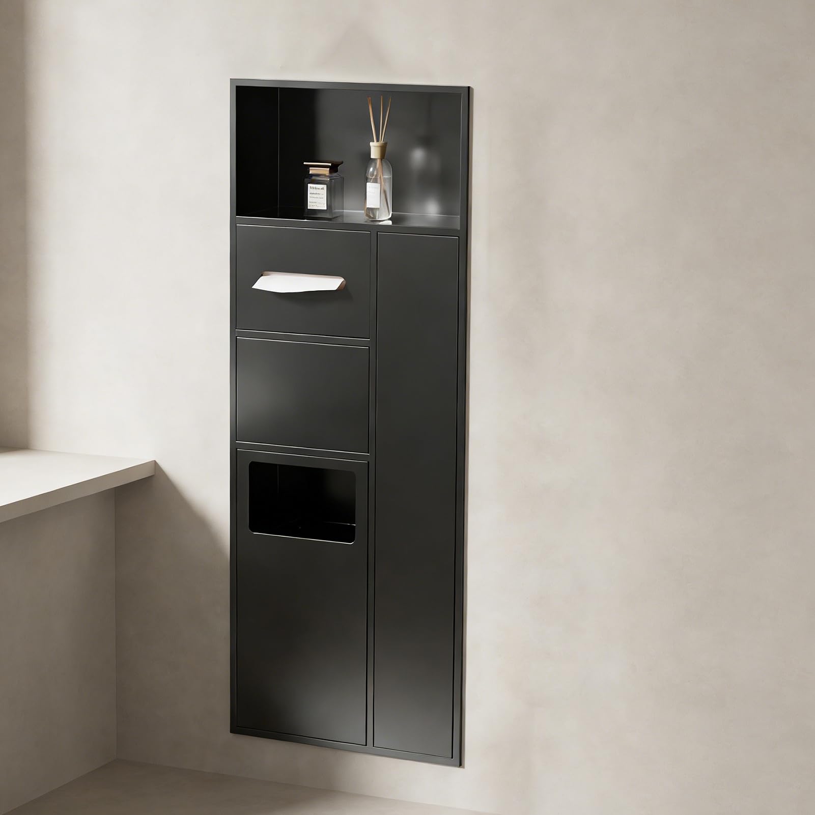 TIANQIHAO Lar Shower Wall - Built-In Sto For Toilet Paper, Open & Private Shelf, Trash Can & Brush Holder - Gray Shower For Modern Bathrooms,Negro