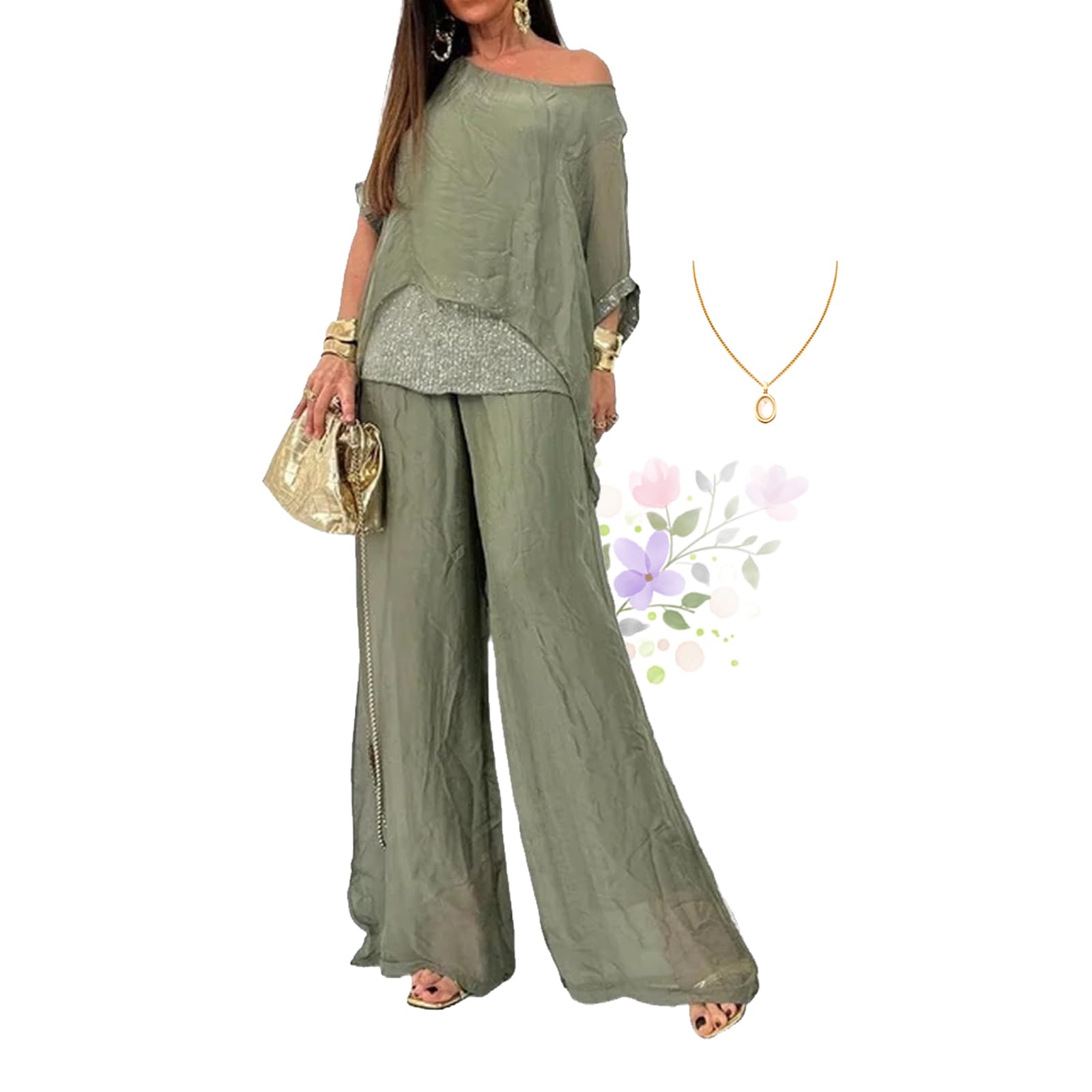 Traje casual de gasa con lentejuelas para mujer, elegante pantalón de gasa de pierna ancha, conjunto de dos piezas para boda de mujer
