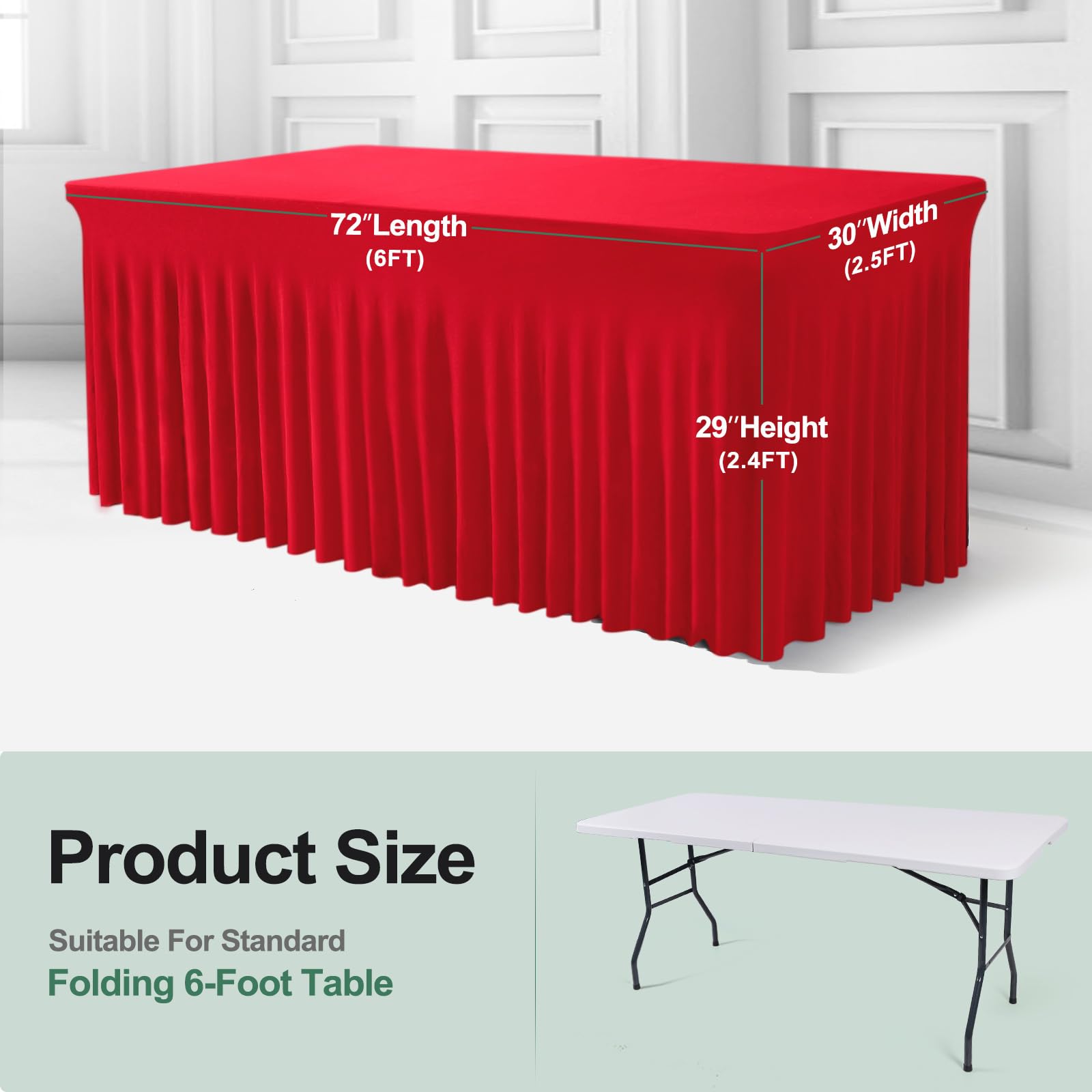 BDDC Rectangle Table Skirts - 6ft One Piece Red Table Cover with Wrinkle Resistant Ruffles for Banquets Weddings & Parties - Image 3