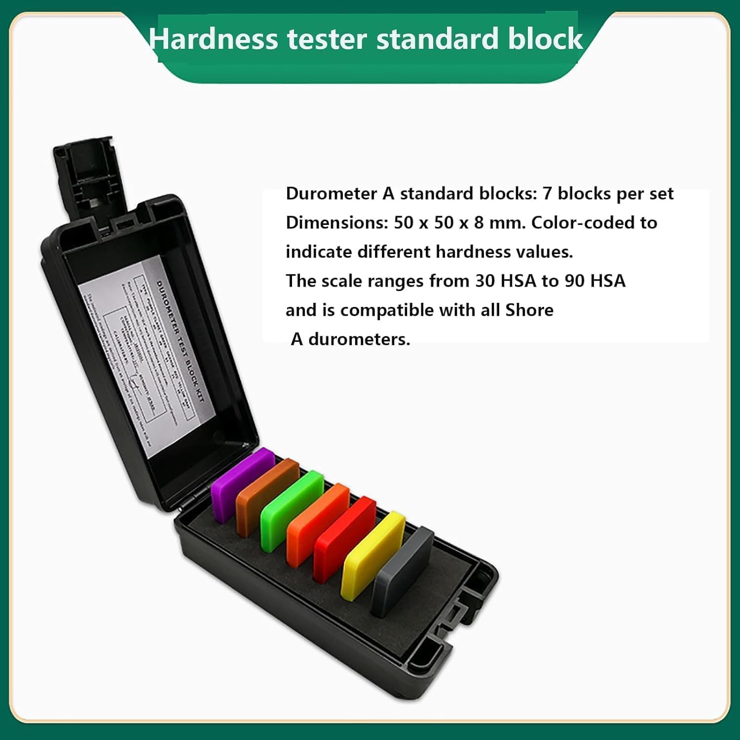 Shore Hardness Test Block Type A, 7 Block Shore Hardness Test Block Kit, Range is 30HSA -90HSA, for Elastomer, Soft Rubber, Size 50x50x8mm.