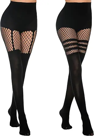 MANZI Womens Faux Thigh High Fishnet Stockings Stitching Opaque Pantyhose Mock Over the Knee Goth Striped Suspender Tights