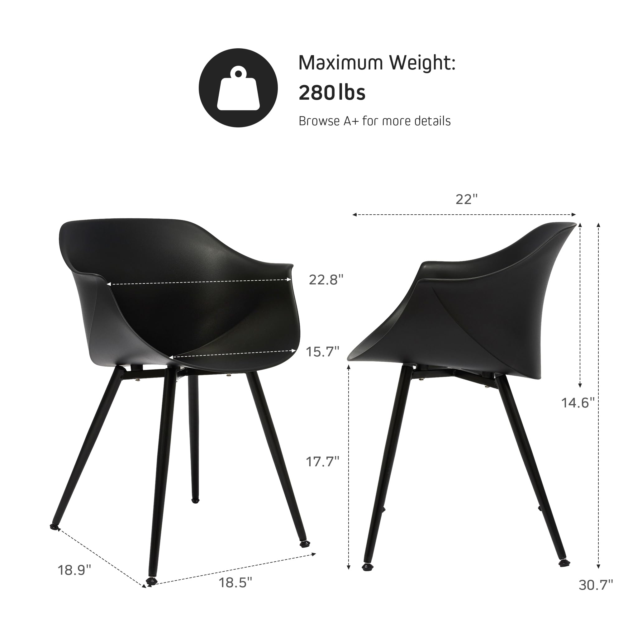 Dining Chairs Set of 2 Living Room Plastic Chairs with Metal Legs, Black Dining Chairs for Kitchen and Dining ((Colors Black and natural))