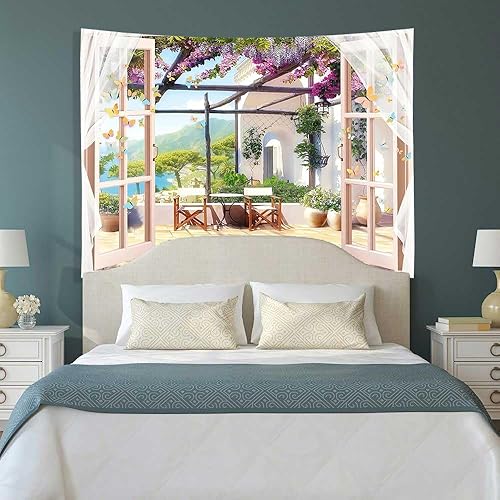Miniatura 4 de Ine Ive Tapiz de jardín de balcón con vistas al mar y montaña, tapiz de ventana de escena de 40 x 30 pulgadas, tapiz de pared de paisaje natural