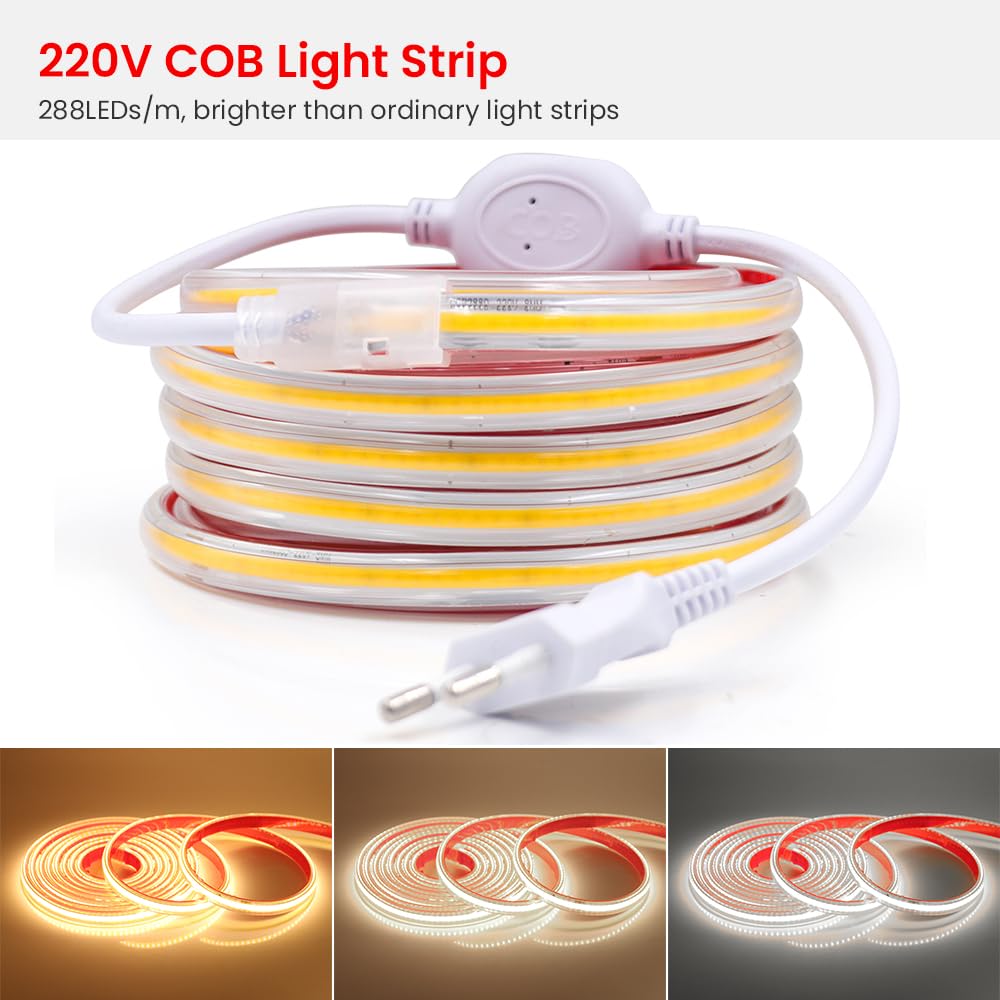 Tira de neón LED COB 220V [20m, Blanco natural 4000-4500K], IP65 impermeable flexible, 288 LEDs/m cortable tira de LED FCOB, iluminación decorativa para hogar y tienda