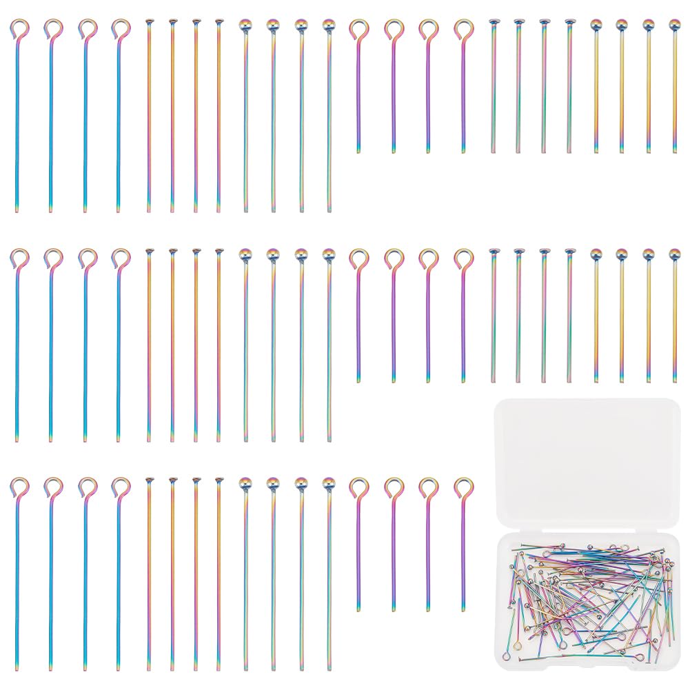 UNICRAFTALE 90pcs 3 Styles Rainbow Head Pins Set 20-30mm Bendable Stainless Steel Ball Head Pins Metal Eye Pins Findings End Flat Headpins Findings for Earring Craft Jewelry Making