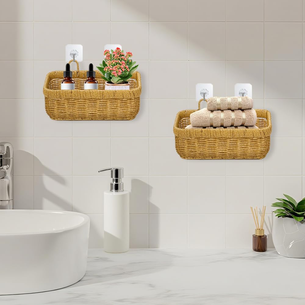 2 Pezzi Cestino da Parete in Vimini Appeso Cestino da Appendere in Rattan Vintage per Bagno, Cucina, da Appendere Alla Parete, Cesti Portaoggetti da Appendere(28x16x13cm)