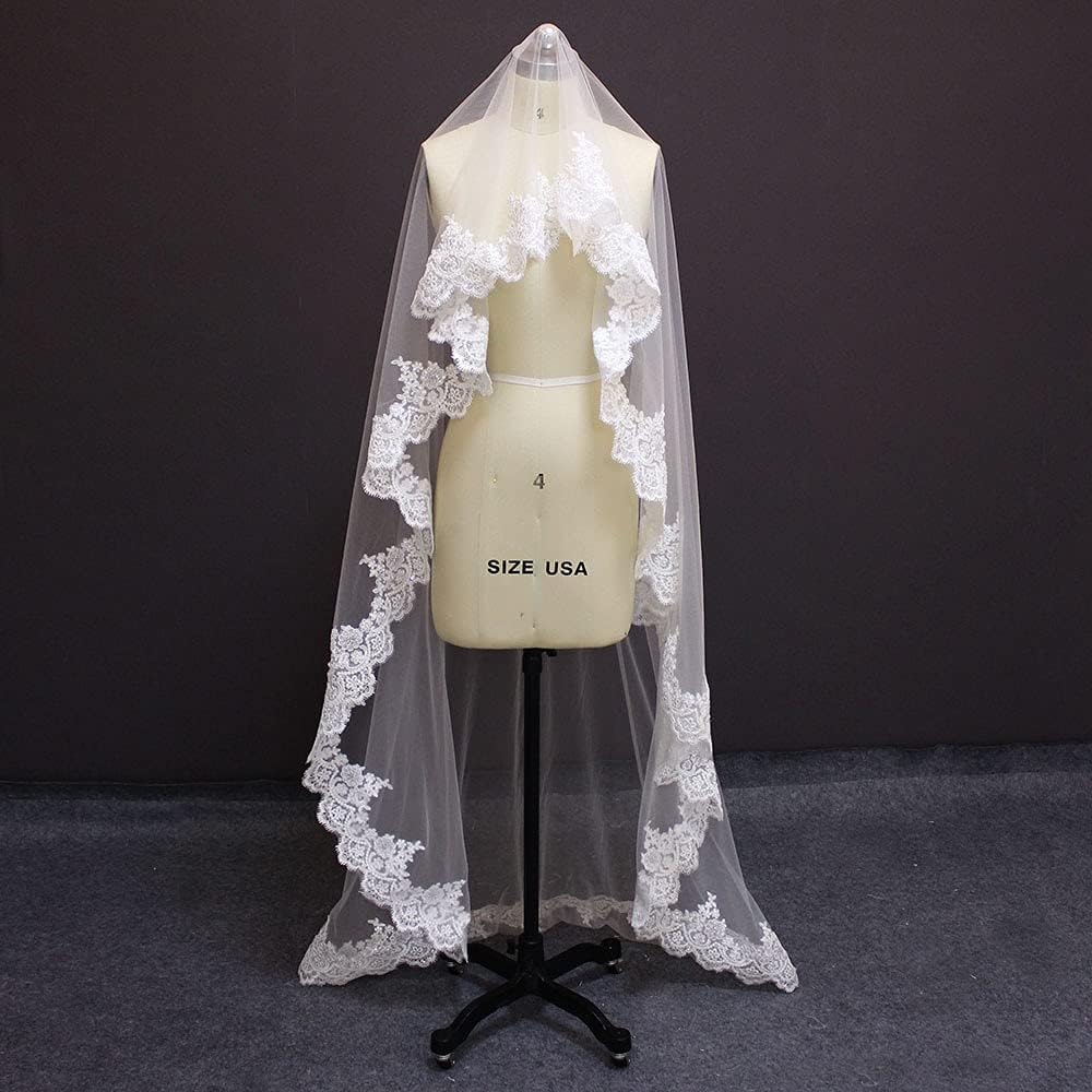 Sluiers Pailletten Kanten bruidssluier Geen kam Bruidssluier van tule 2 meter lange mantilla bruidssluier Eén laag Elegante bruidstule