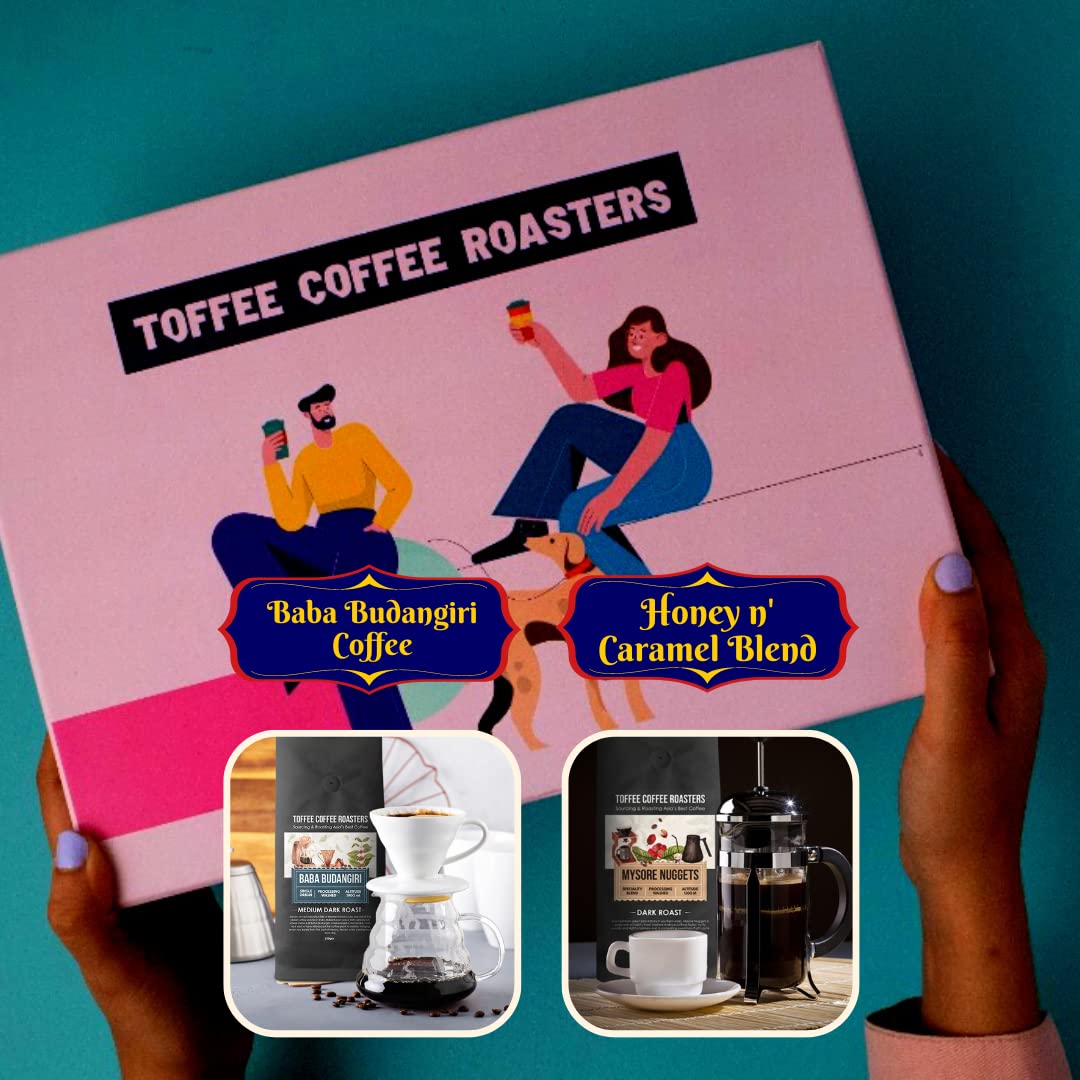 Toffee Coffee Roasters Gift Box | Mysore Nuggets Coffee, Rose Gold French Press (350ml) & 2 Specialty Coffees |Shark Tank Featured Crafted|Hamper for Loved Ones | Gourmet Gift for Coffee Lovers 1