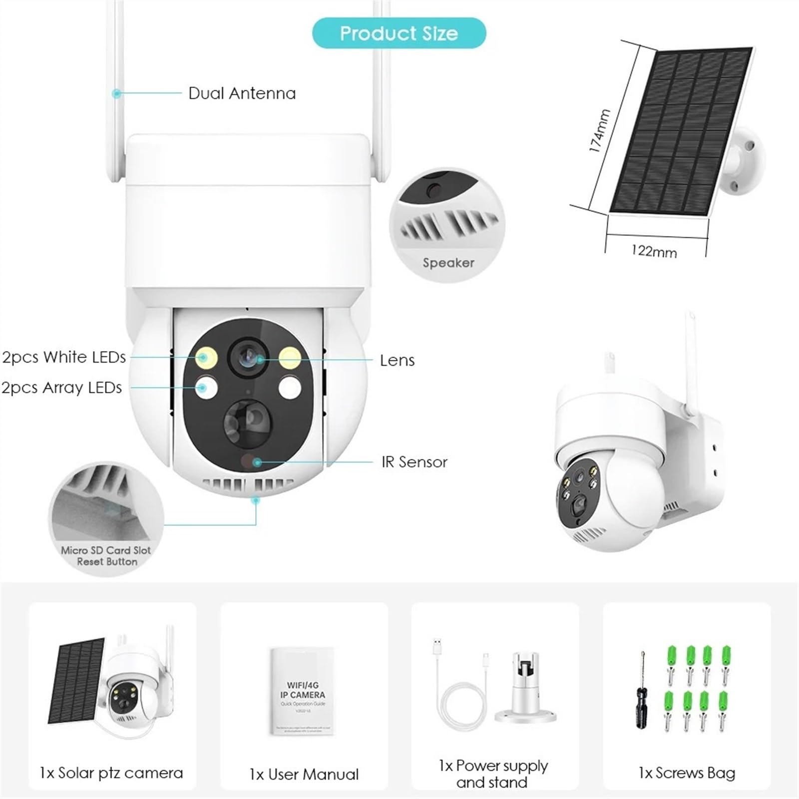 Telecamera Wifi Esterno, Telecamera PTZ Telecamera IP solare wireless esterna 1080P HD Telecamera di videosorveglianza con batteria integrata Standby prolungato ,Sicurezza, Antifurto(Wifi Camera Only)