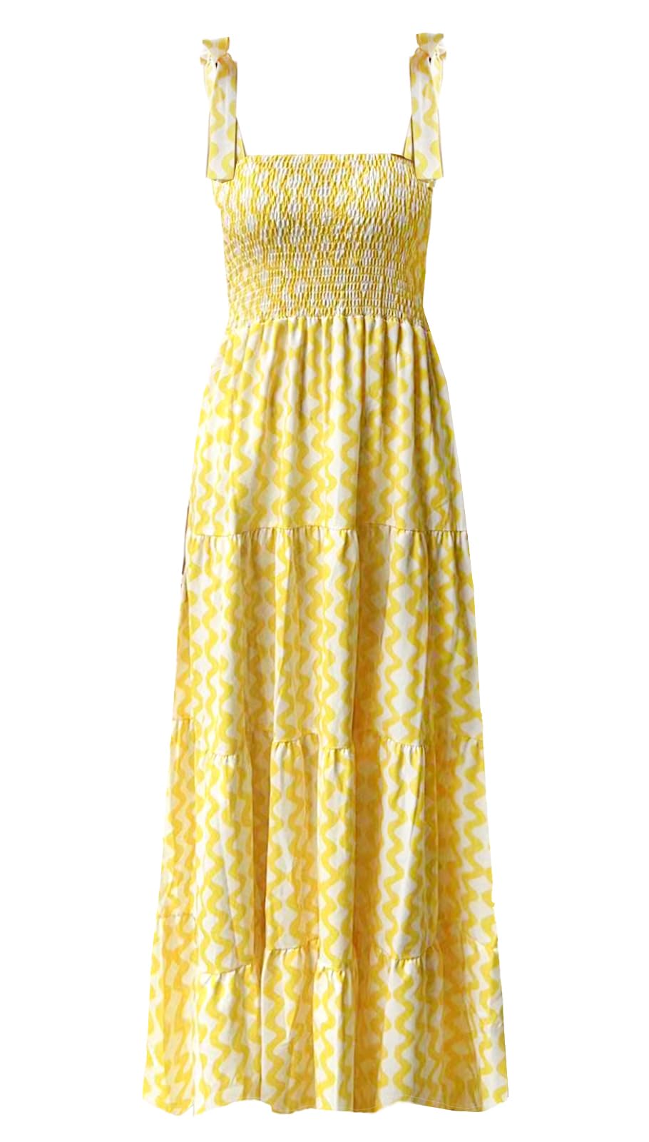 kinstell Women's Summer Boho Spaghetti Strap Square Neck Ruffle Casual Flowy Long Dress Beach Swing Party Maxi Dress