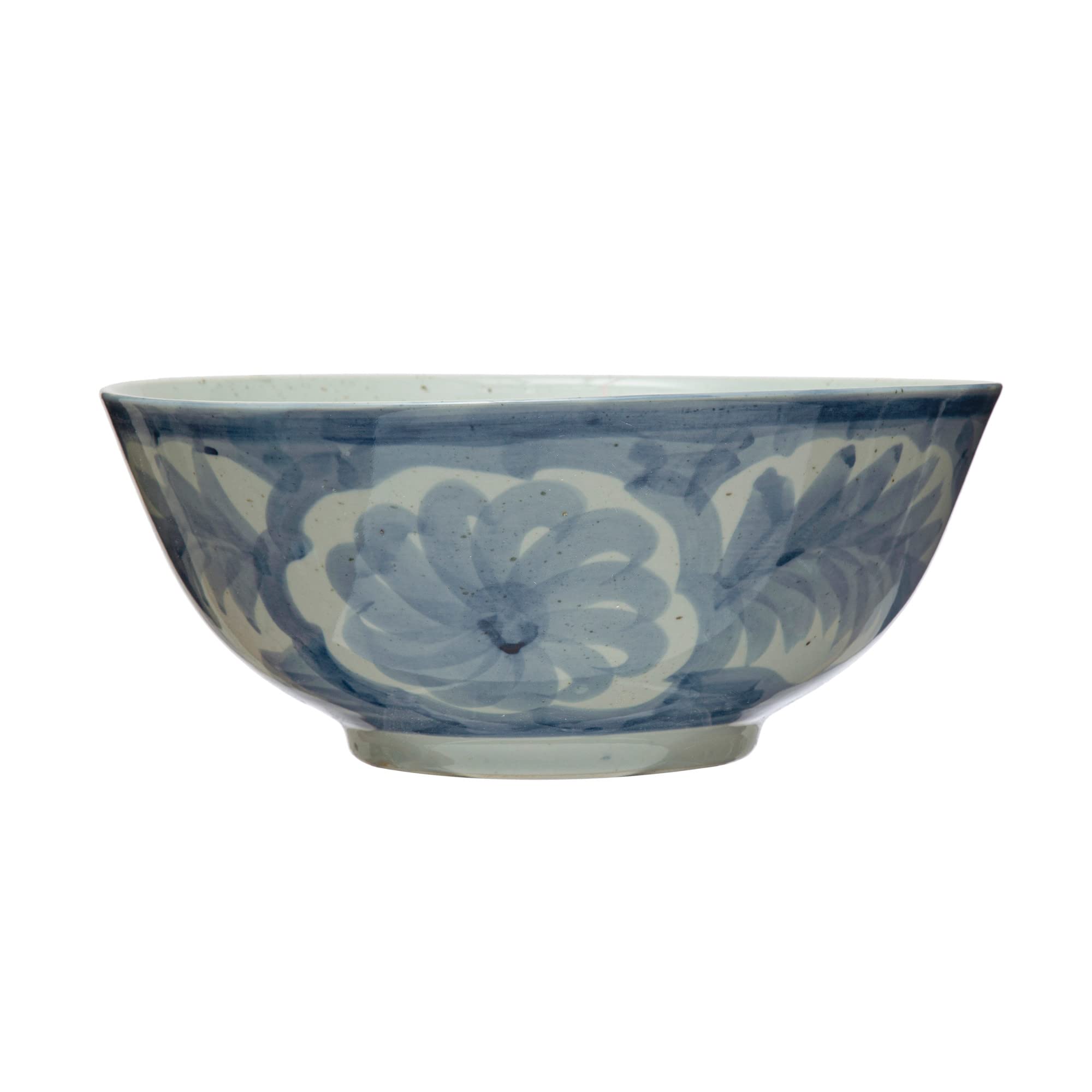 Photo 1 of Hand Painted Stoneware Bowl with Floral Design, Blue and White
