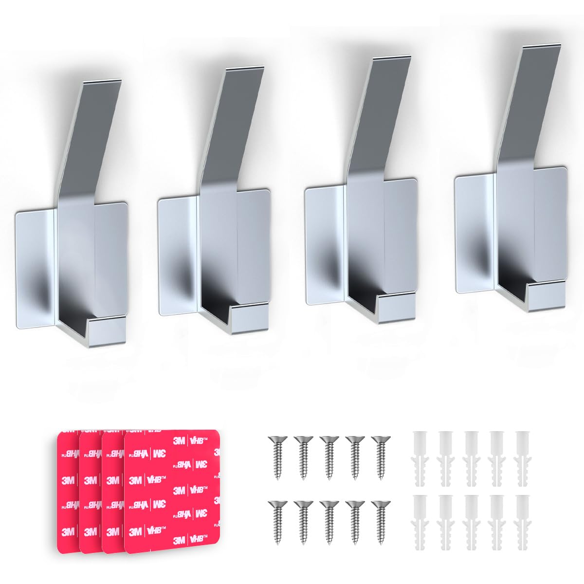 PDGROW 4 PCS Coat Door Hooks, Self Adhesive Hooks, Heavy Duty Towel Robe Hooks with Screws & Extra Sticky and Strong 3-M Glue-Pad Metal Wall Hooks for Bathroom Bedroom Living Room Hallway, Silver