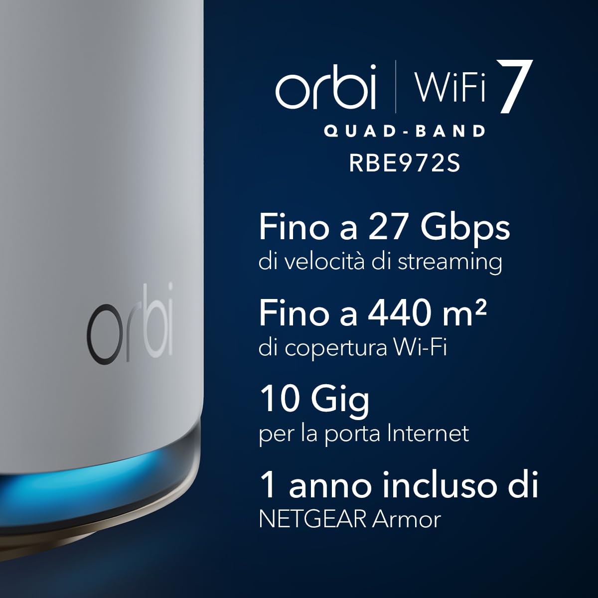 NETGEAR Mesh WiFI Orbi WiFi 7 Rete Mesh quad-band serie 970 (RBE972S) router + 1 extender satellitare, funzioni di sicurezza, fino a 27 Gbps, copre 440 m2, 200 dispositivi, porta Internet 10 Gig
