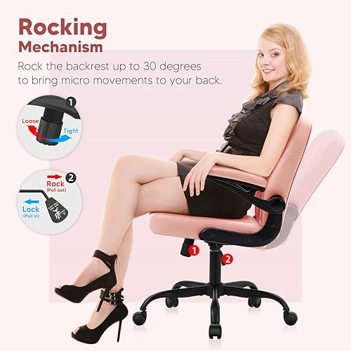 Miniatura 6 de YAMASORO Silla de oficina en casa, sillas de escritorio de oficina con respaldo medio con ruedas y brazos abatibles, silla de computadora de cuero