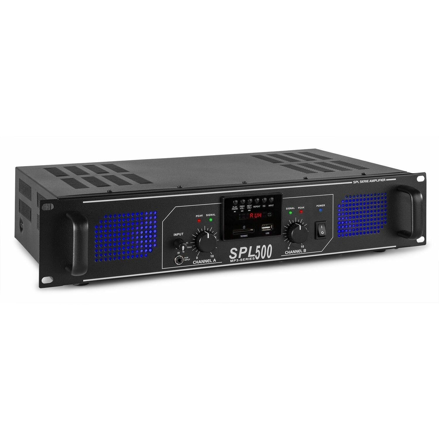 Skytec SPL500MP3 - Amplificateur professionnel, 2X 250 Watts Noir, SD, MP3, USB idéal pour une utilisation mobile, DJ, HIFI, Home Cinéma