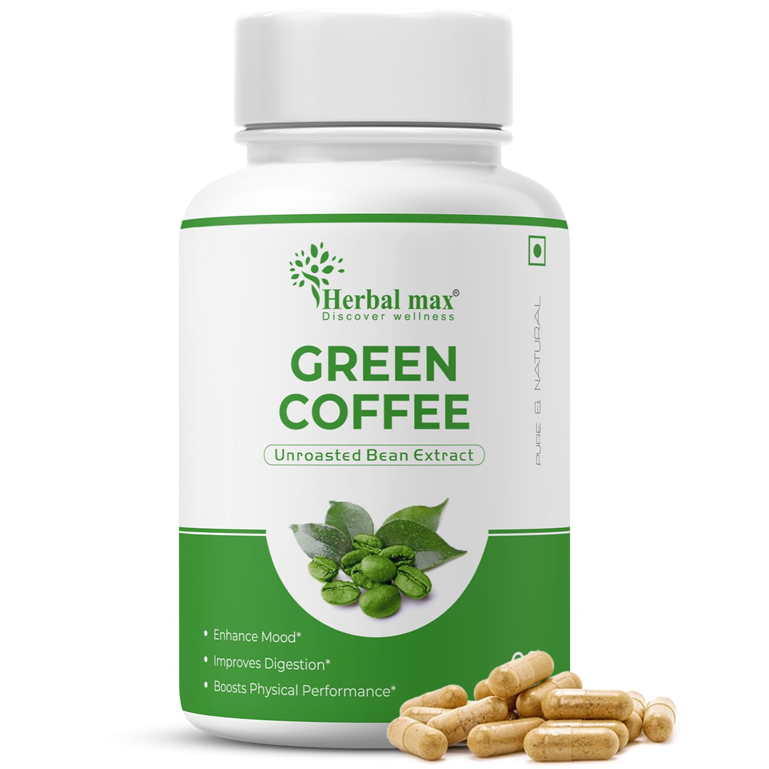 Herbal max Green Coffee Beans Extract Capsules With Green Tea, Ginger And Piperine Extract Pure and Natural Goodness Of Antioxidants Helps Improve Metabolism – 60 capsules