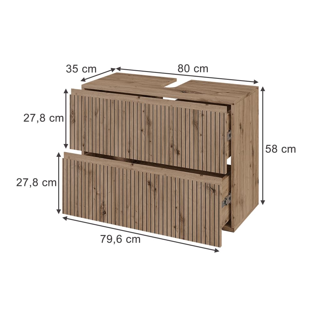 Vicco Meuble sous Vasque Simple Takumi, Artisan, 80x58cm avec 2 tiroirs, pour Le Rangement et l’Organisation des Accessoires de Salle de Bain