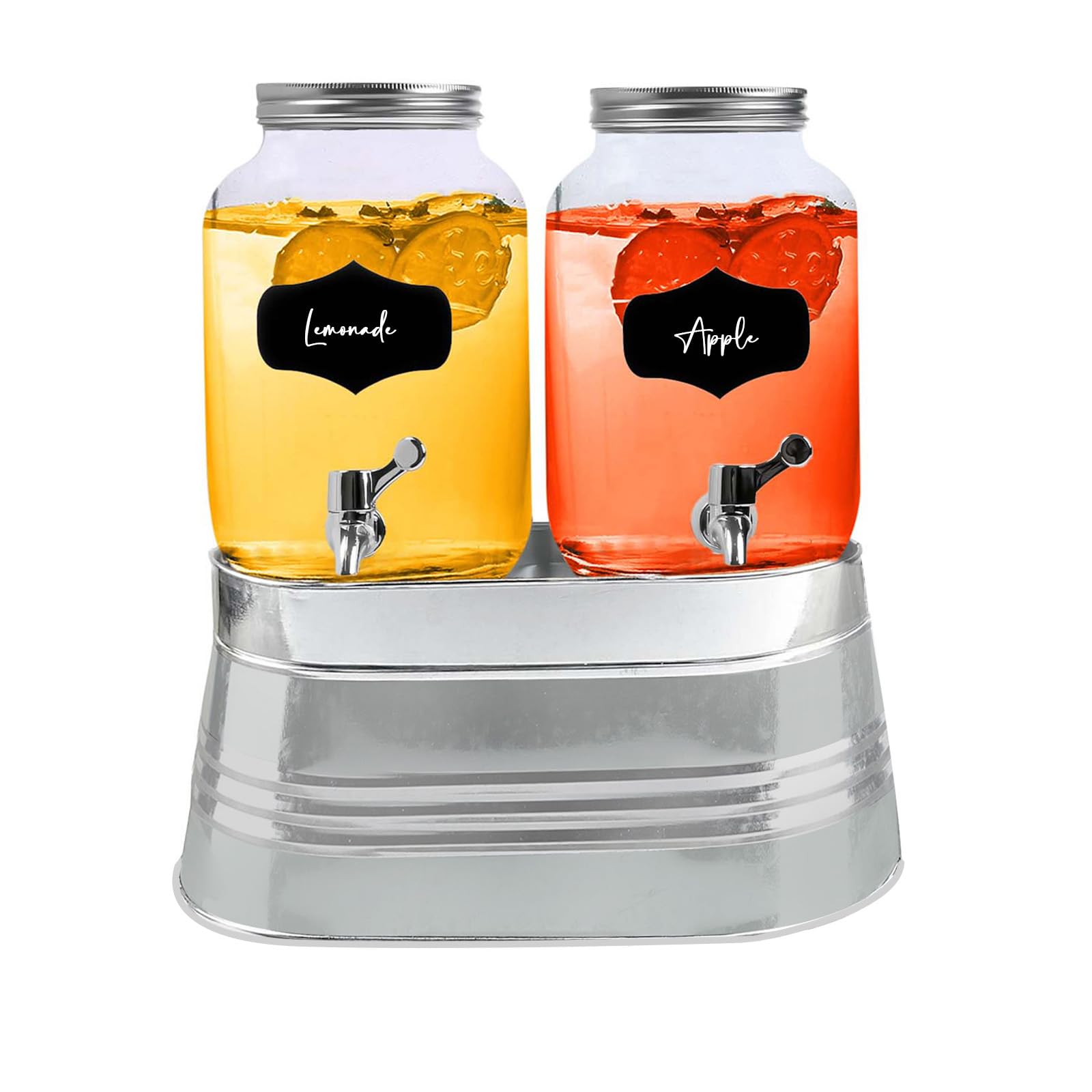 2 x 4L litres Glass Drink Dispenser with Silver Ice Bucket + Tap/Lid – Glass Water Dispenser for Juices, Cocktails, Lemonade & Water (Farmhouse Fresh)