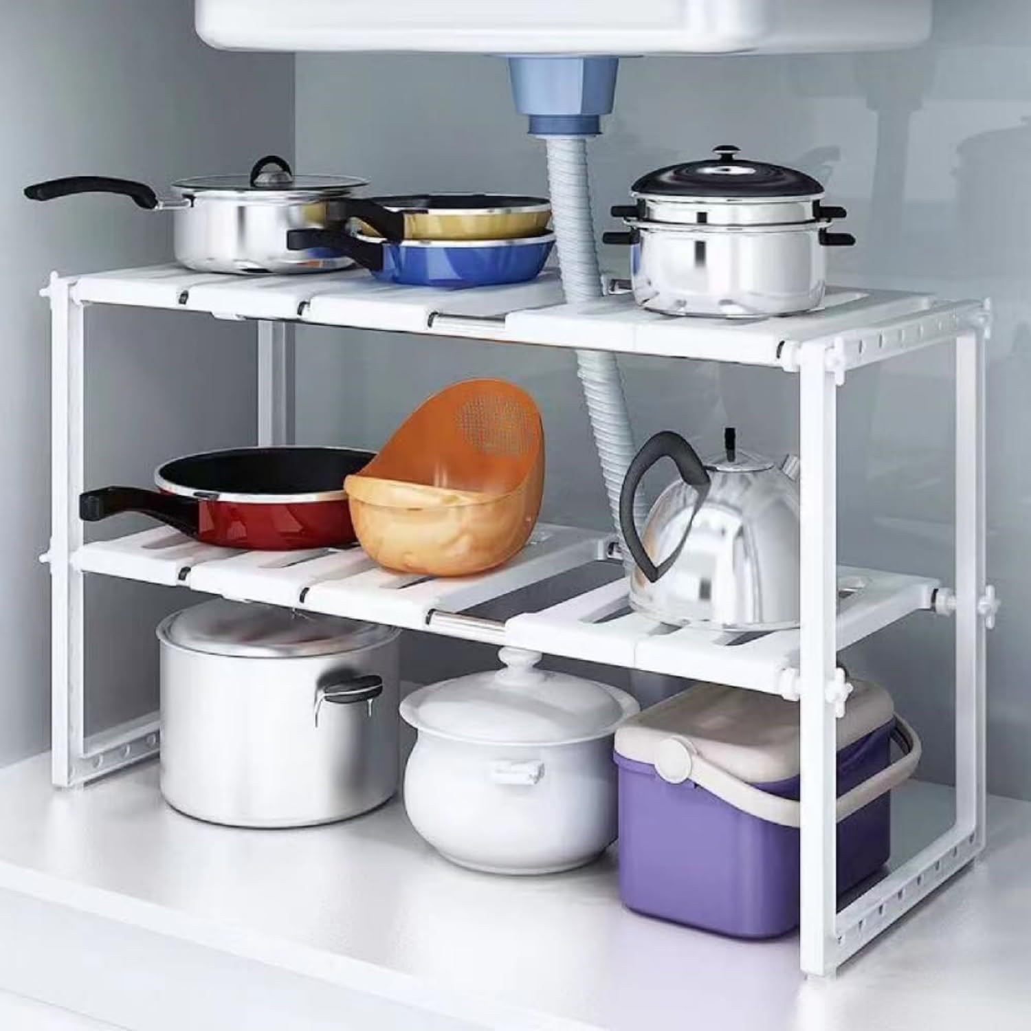 SKY-TOUCH Kitchen Under Sink Storage Expandable, Multi-Functional Shelf Cabinet, Adjustable Space Saving Rack