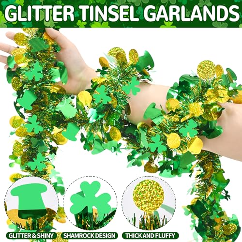 Image of Palonu 50FT St. Patrick's Day Tinsel Garland Green Shamrock Gold Coins Metallic Tinsel Twist Garland for Irish Saint Patricks Day Party Home Decor Indoor Outdoor Decoration