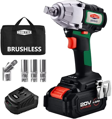 Dobetter Llave de impacto inalámbrica Pistola de impacto de 12 pulgada, llaves de impacto de energía eléctrica de 4.0 Ah, 20 V máx. 400 N m Pistola