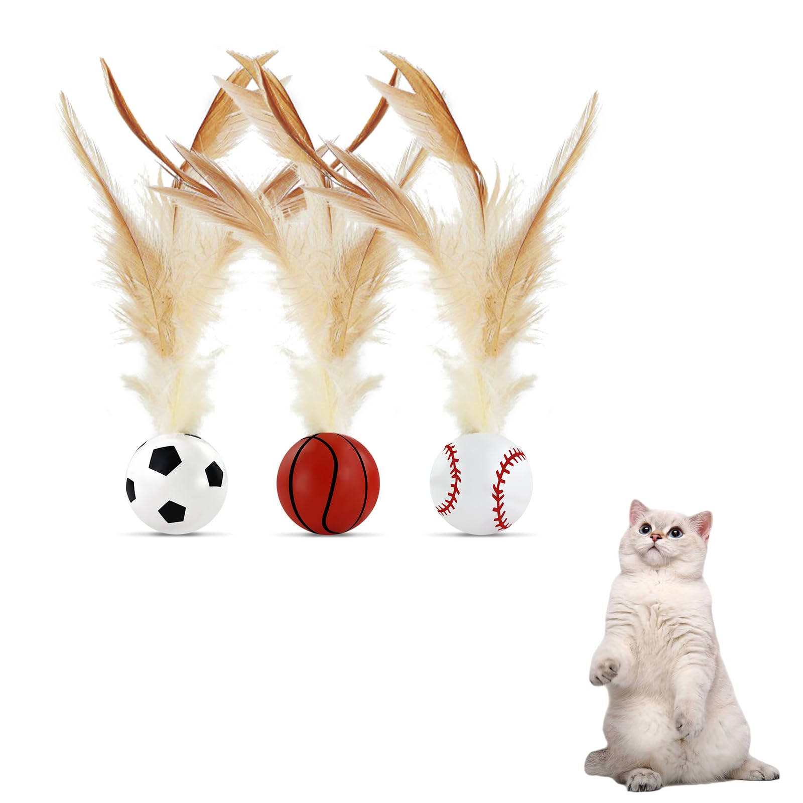 Andiker 3PCS Cat Bouncy Ball with Feather, Colorful Cats Feather Ball Toy Set with Good Elastic for Exercising Chasing Chewing to Reduce Anxiety Interactive Kitten Toys for Indoor Cats (Small, Sport)