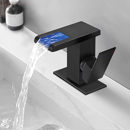 BESy Grifo de baño negro de cascada de latón, grifo de lavabo de baño de un solo agujero, 3 colores cambiantes de un solo mango con líneas de