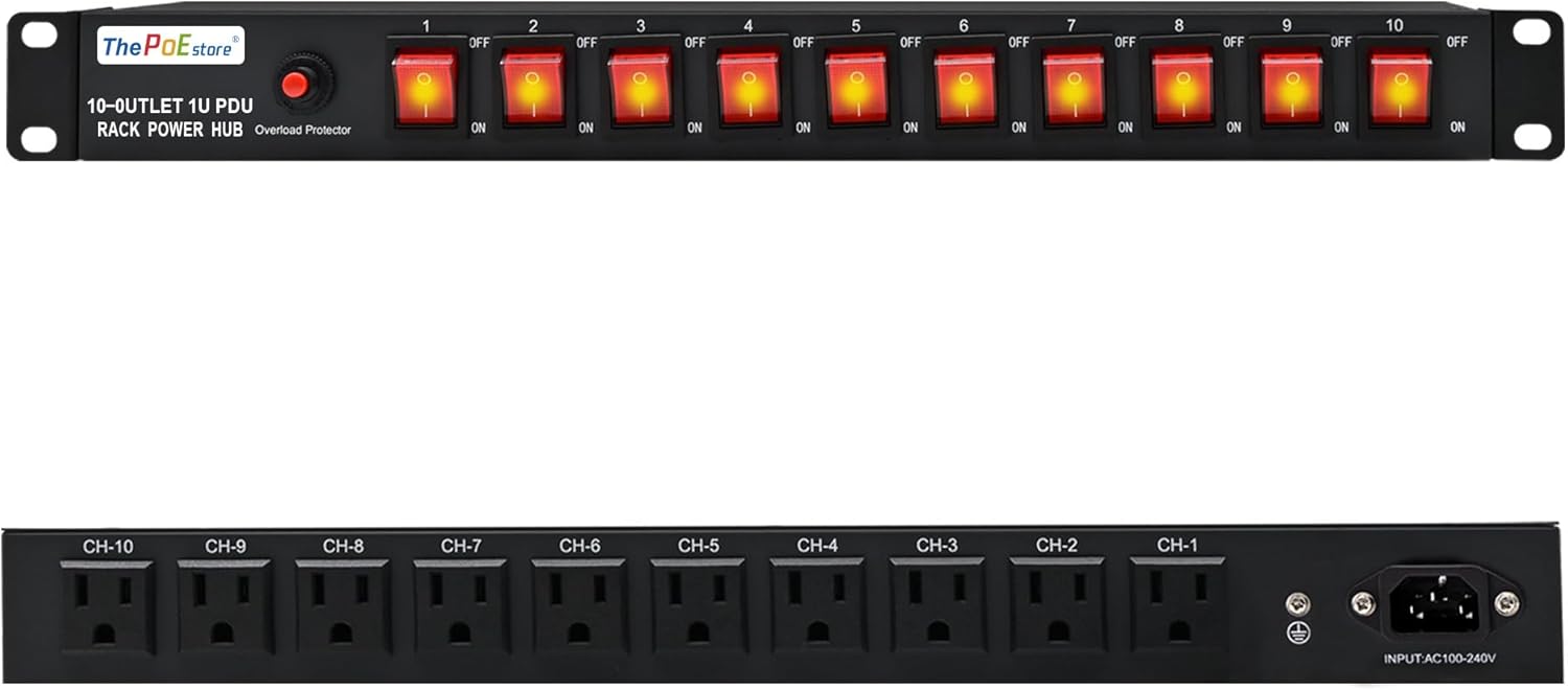 10 Outlet Horizontal 1U PDU Rack Mount Power Strip – Surge Protection,10 Individual Led Switchesļ¼AC 100V-240V-15A.for Network Server Racks, 6 ft Heavy Power Cord, ETL Listed