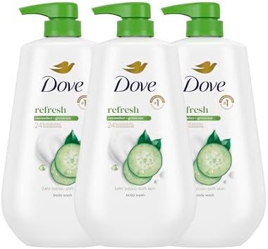 Dove Body Wash with Pump 3 Count Refresh Cucumber and Green Tea for 24hr Lotion-Soft Skin Moisturizing Skin Cleanser with No Sulfates No Parabens