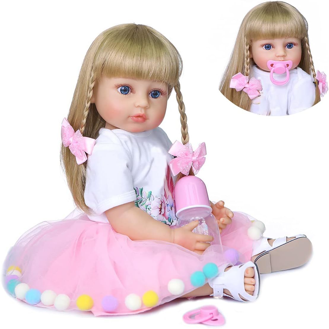 22 Inch Reborn Toddler Baby Dolls Blonde Hair Full Body Silicone Vinyl Blue Eyes Pink Dress Unicorn for Girls Birthday Gifts