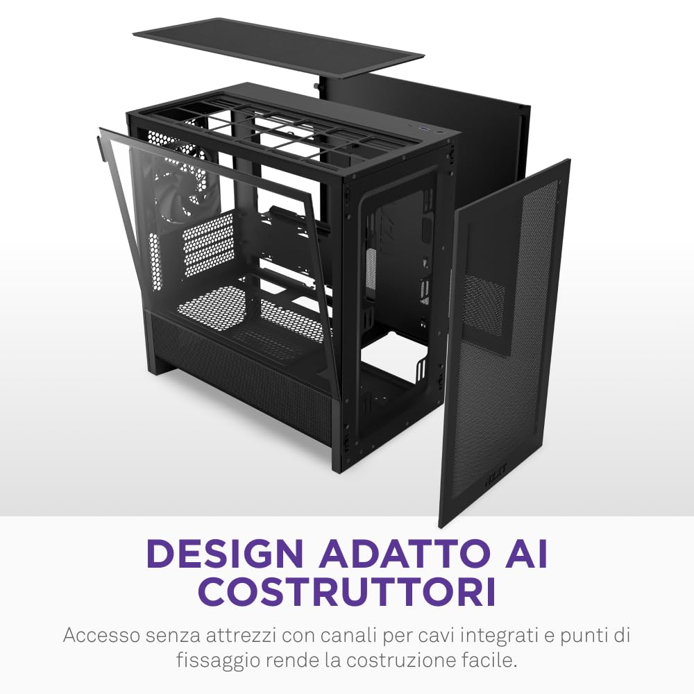 NZXT H3 Flow – Case PC Gaming Micro-ATX – Flusso d'aria ottimizzato – 1 ventola 120mm inclusa – GPU full-size – Radiatore 280mm frontale, 240mm superiore – Scheda madre con conn. posteriore – Nero