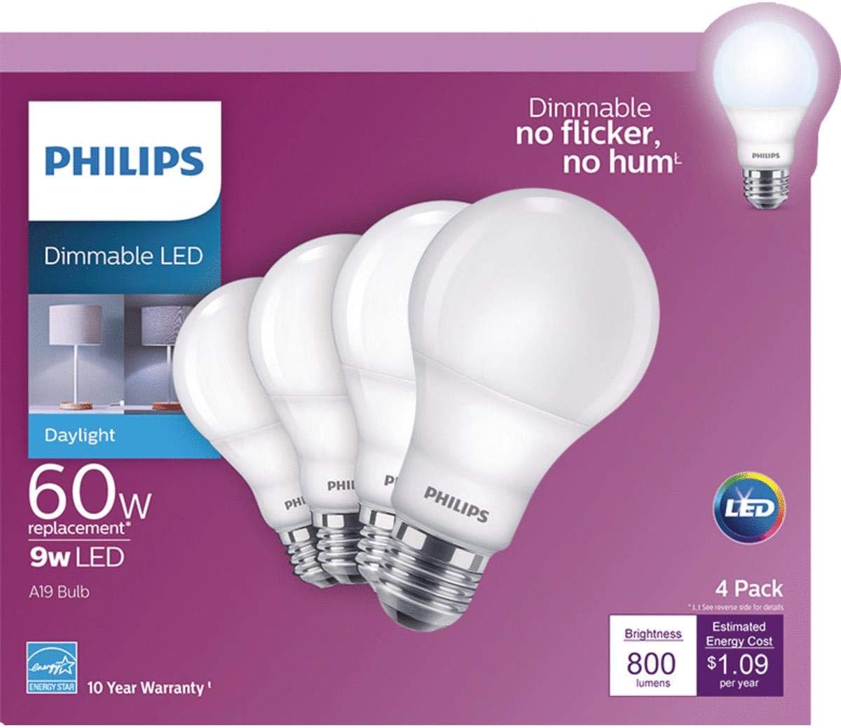 Wееklу Tор Sаlе Philips LED Dimmable A19 Light Bulb: 800-Lumen, 5000-Kelvin, 9-Watt (60-Watt Equivalent), E26 Base, Frosted, Daylight, 4-Pack