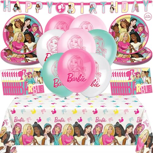 Barbie Birthday Party Decorations for Party | Serves 16 Guests | Balloons Banner Tablecloth Plates Napkins Sticker | Officially Licensed