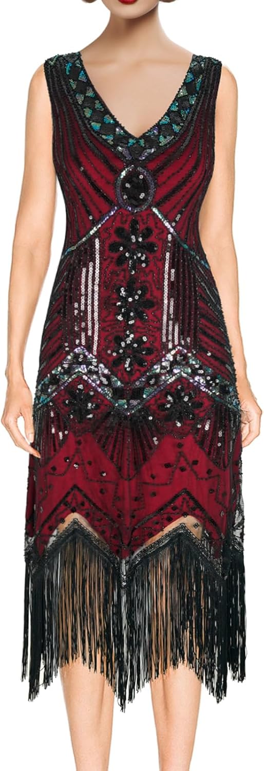 Women's 1920s Flapper Dress Vintage Lace Fringed Gatsby Cocktail Dress with 20s Accessories Set - Image 3