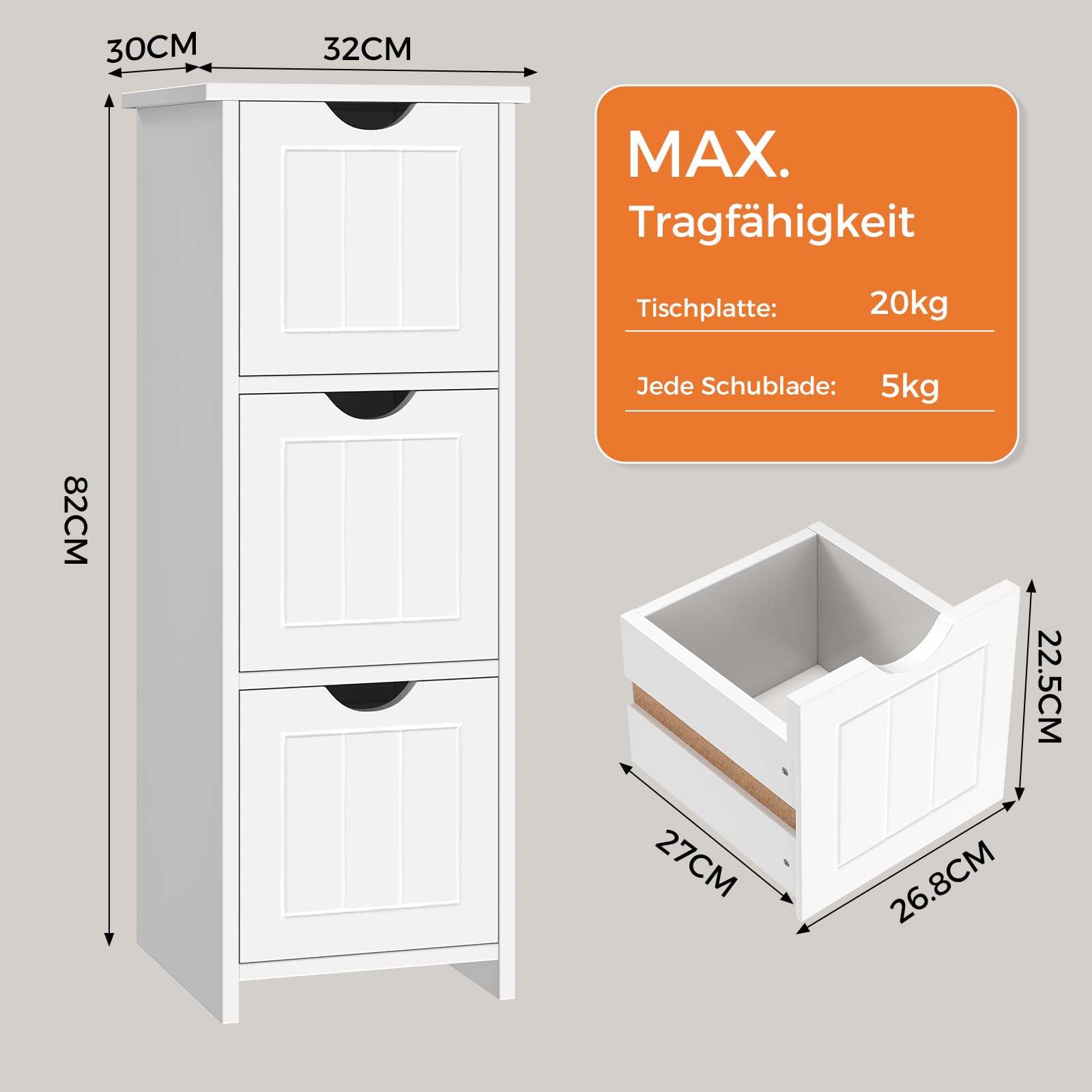Sweetcrispy Mueble de baño Estrecho 32 x 30 x 81 cm, Moderno, Armario de baño con 3 cajones, Color Blanco Brillante, Estrecho con Gran Espacio de Almacenamiento, Mueble de baño
