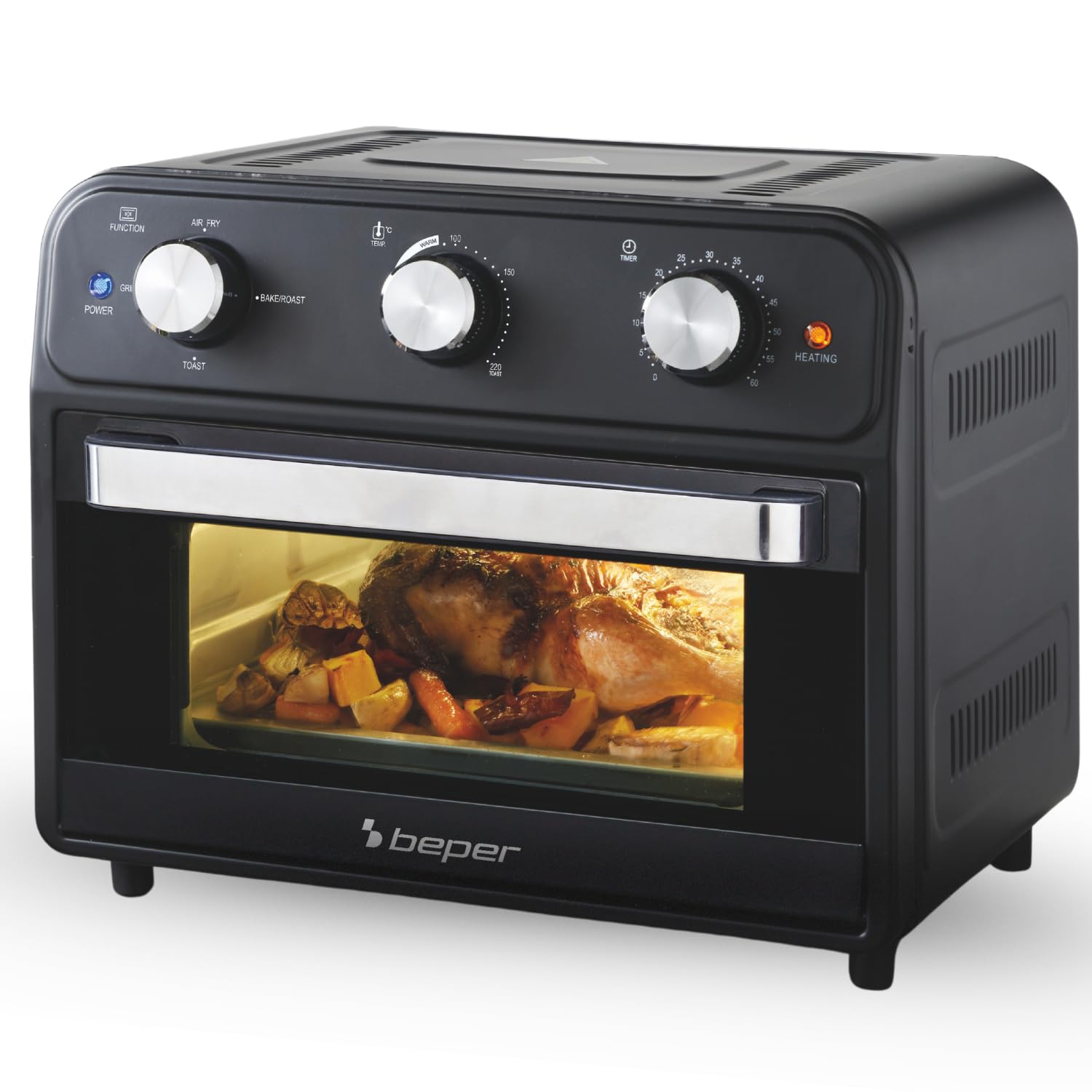 BEPER P101FRI024 Freidora de Aire Multifunción 24L, Freidora de Aire con 4 Funciones: Freír, Grill, Horno, Tostar, Temporizador de 60 min, 220°C, Accesorios Apto para Lavavajillas, Doble Cristal